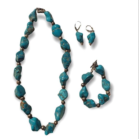 Chunky Raw Turquoise Necklace Bracelet and Earrings Set - Picture 1 of 5